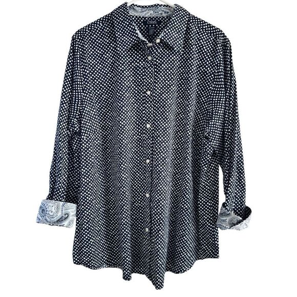 Chaps No Iron Navy Polka Dot Blouse Button Front Long Sleeve Flip Cuff‎ Plus 2X - Picture 1 of 7